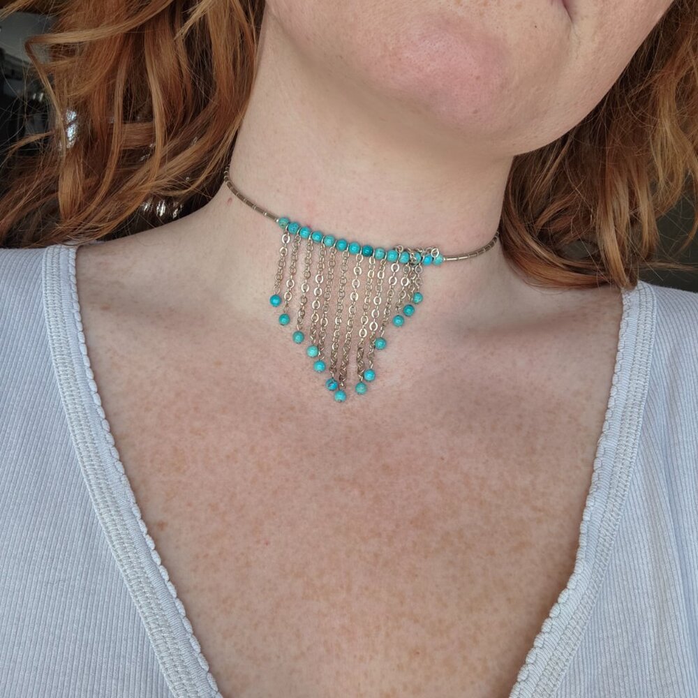 Western Coastal Beachy .925 Silver & Turquoise Dangling Chain Choker Necklace